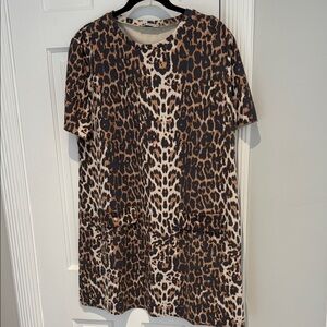 Zara Flowy Leopard Print Short Sleeve Dress Gold Buttons Raw edges XL
